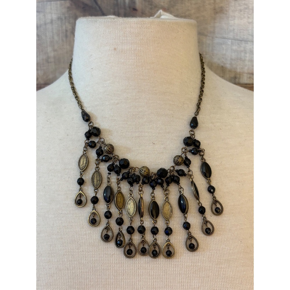Antique Brass Black Beaded Bib Fringe Statement Necklace Gothic Boho